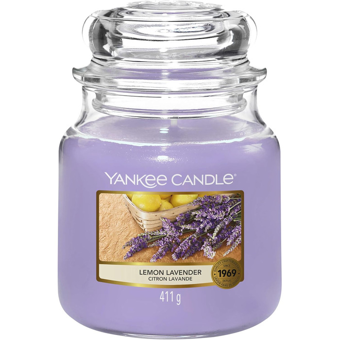 Ароматична свічка Yankee Candle у склі, середня, Lemon Lavender, до 75 годин горіння