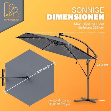 Парасолька для саду Kingsleeve 300 см з LED-підсвіткою, сонячною батареєю, UV 80+, антрацит, для тераси та балкону, з чохлом і стійкою