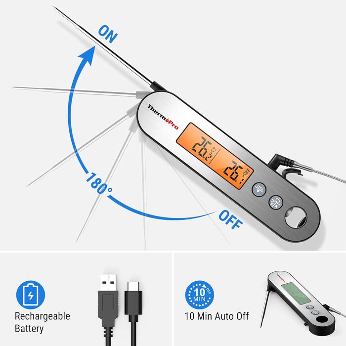 Термометр для м'яса ThermoPro TP610, точність 0,5℃, USB зарядка, водонепроникний IPX5, з відкривачкою, для гриля та кухні, велика індикація