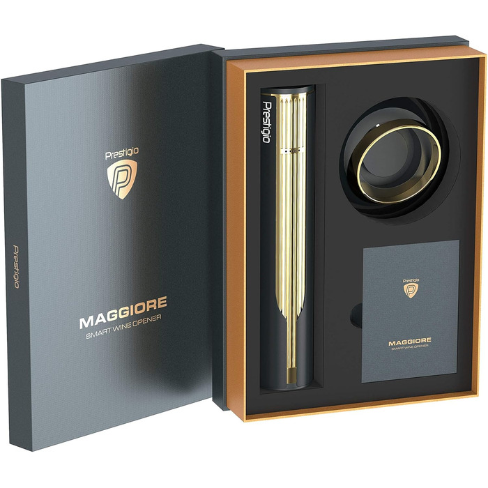 Електричний штопор Prestigio Maggiore для вина, з фольгорізом, зарядною станцією, у подарунковій коробці, чорний/золотий, преміум-якість