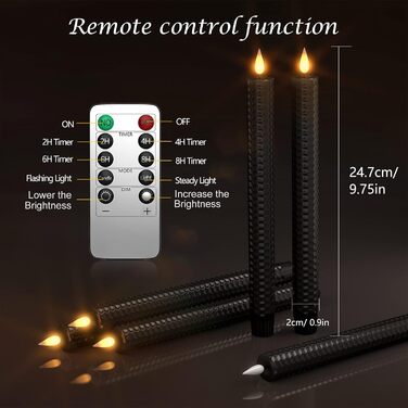 Punasi Чорні LED свічки-стики з таймером, 24,5 см, з пультом, електричні, реальний віск, мерехтливе полум'я, для декору кімнати, вечірок, Хелловіну та Різдва