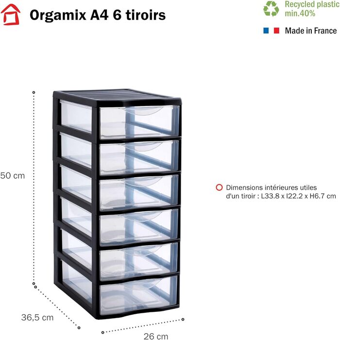 SUNDIS Orgamix органайзер з пластику, 6 прозорих шухляд A4, висота 50 см, штабельований, для зберігання документів та аксесуарів