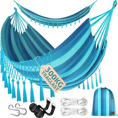 Гамак KESSER 320x150 см, до 300 кг, синій, водостійкий та дихаючий, з бахромою для 1-2 осіб, для саду, кемпінгу та відпочинку, у комплекті сумка, мотузки та ремені