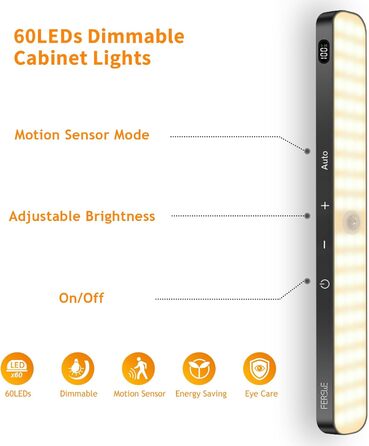 LED-підсвітка для шафи Ferswe з датчиком руху, індикатором заряду, USB-акумуляторна, тепле світло 3000K, 2 шт. Підсвітка для кухні, гардеробу, меблів