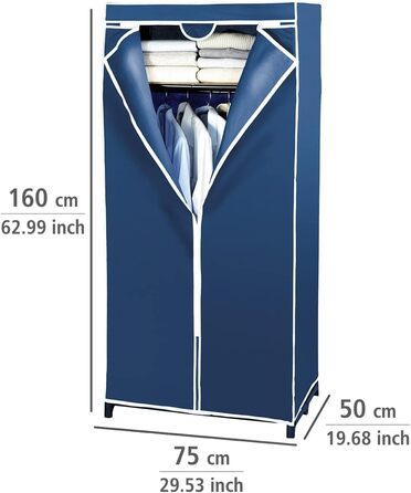 Тканинна шафа WENKO Air, дихаючий органайзер для одягу, металевий каркас, легка збірка, 75x150x50 см, темно-синя з полицею
