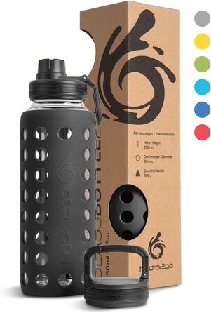 Скляна пляшка для води з силіконовим чохлом Onyx Black 950 мл, герметична, BPA-free, придатна для миття в посудомийній машині, 2 змінні кришки, для офісу, спорту, фітнесу та йоги