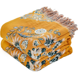 Покривало HOORDRY Boho для ліжка та дивана, бавовняна двостороння ковдра 150×200 см з китицями, жовто-зелене, для спальні та вітальні
