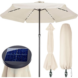 Сонячна парасоля Kingsleeve 330 см з LED підсвіткою, UV захистом 80+, сонячною батареєю, чохлом, кремова, для балкону, тераси та саду