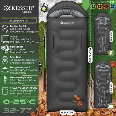 KESSER Спальний мішок для кемпінгу 3-4 сезони, водостійкий, легкий, теплий, для дорослих і дітей, з ліхтариком та бічною кишенею
