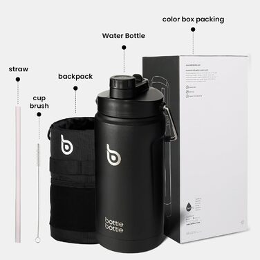 Ізольована пляшка для води BOTTLE BOTTLE 1,8 л з трубочкою, подвійною кришкою та ручкою, термос із нержавіючої сталі для спорту, фітнесу та напоїв, чорна
