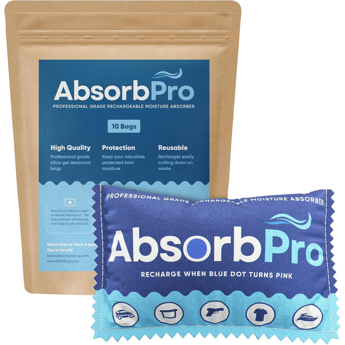 Absorb Pro Перезаряджаємий мішечок-осушувач повітря, 10 шт, 100 г, багаторазові абсорбери вологи з силікагелем для сміттєвих баків, сумок, сейфів для зброї, зберігання продуктів