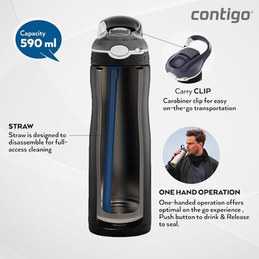Термос-бутилка Contigo Ashland Chill з трубочкою, нержавіюча сталь, ізольована, не протікає, для спорту, велосипеда, туризму, 590 мл, чорна матова