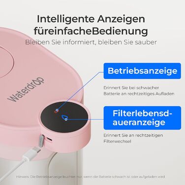 Електричний фільтр-глечик для води Waterdrop FreshTaste, 4 л, зменшує накип, хлор, свинець, мідь, очищає воду, рожевий, для холодильника