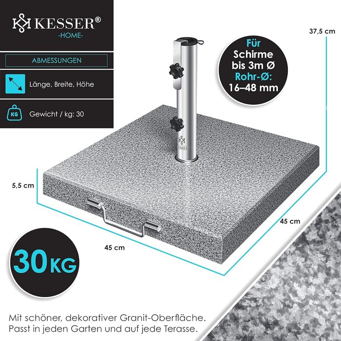 Гранітна основа для парасолі KESSER 30 кг з ручкою, квадрат, з нержавіючою трубою, для парасольок 16-48 мм, сіра, для саду та балкону