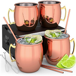Набір мідних келихів Beyond Moscow Mule 4 шт з трубочками та подарунковою коробкою – традиційні мідні кухлі для коктейлів, джину, Moscow Mule, гладка поверхня