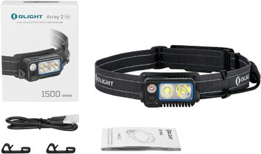 Налобний ліхтар OLIGHT Array 2 Pro з LED, жестовим сенсором, 1500 лм, 150 м, USB-C, акумуляторний, 3 режими з червоним світлом, 60° регулювання, міні-ліхтар, SOS-модуль