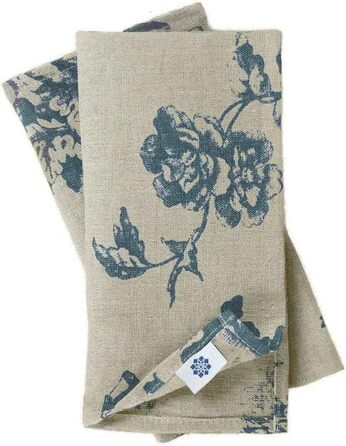 Серветки лляні з бавовною Vintage Flores, 4 шт., 43x43 см, бежево-сині, з квітковим принтом, 100% натуральний льон, для кухні та їдальні, декор