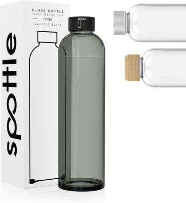 Скляна пляшка для води spottle 1 л, чорна, з металевою кришкою, для газованих напоїв, зручна та герметична, підходить для посудомийної машини