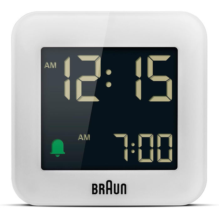 Цифровий дорожній будильник Braun BC08W з функцією відстрочки, компактний, негативний LCD-дисплей, швидке налаштування, наростаючий сигнал, білий