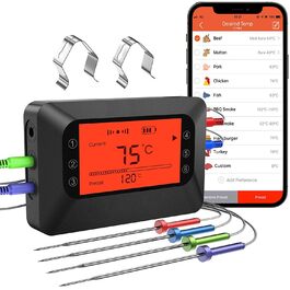 Бездротовий термометр для гриля BFOUR з Bluetooth, 4 нержавіючі щупи, цифровий м'ясний термометр з таймером, сигналом та керуванням через додаток