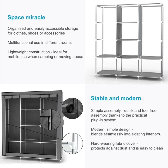 Складана текстильна шафа INTIRILIFE 130x175x45 см, сірий, з блискавкою, полицями, штангою та кишенею — шафа для одягу для дому й кемпінгу
