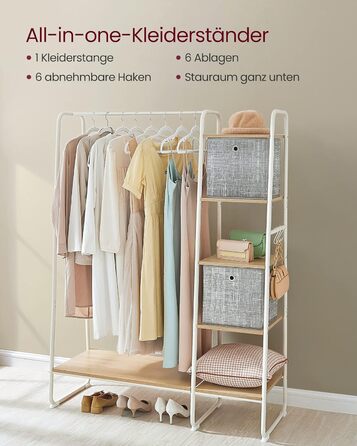 VASAGLE Вішалка-стійка для одягу з полицею для взуття, 45x120x160 см, відкритий гардероб, 6 знімних гачків, для спальні та передпокою, вінтажний коричневий/чорний, дуб/матовий білий