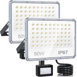 LED прожектор з датчиком руху для вулиці 50 Вт, 5000 Лм, холодне біле світло 7000K, IP67, водонепроникний, комплект 2 шт. для складу, саду, гаражу