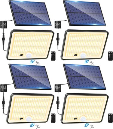 LOTMOS сонячні LED ліхтарі для вулиці з датчиком руху, 342 LED, IP65, 3 режими, тепле біле світло, з пультом, для саду та гаража, 4 шт.