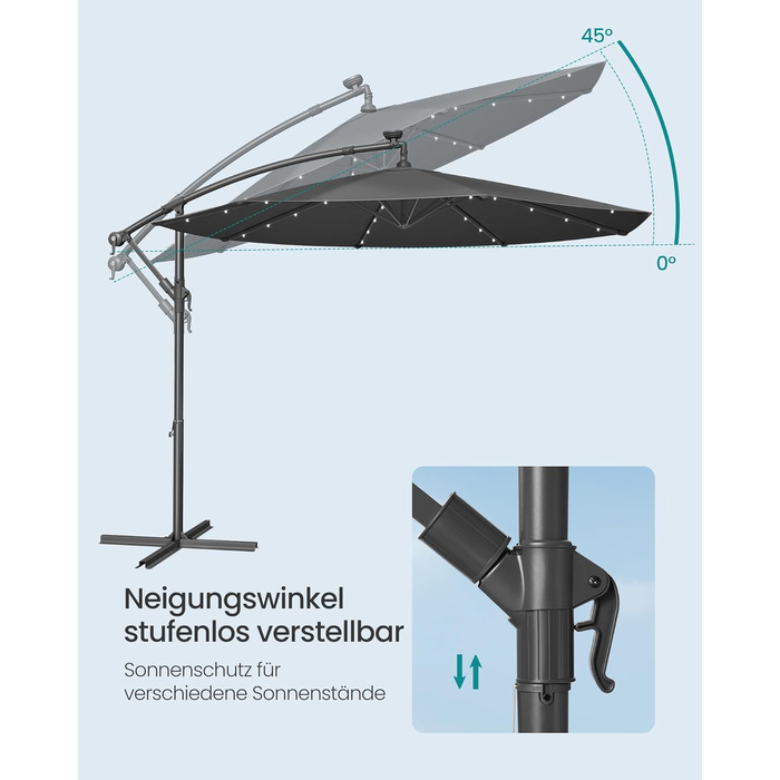 Парасолька SONGMICS 300 см з LED-світлодіодами на сонячній батареї, з підставкою, сірий, для балкону і саду, UPF 50+, ампельна, з ручкою-крутилкою