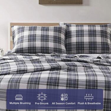 Бавовняна фланелева постільна білизна Comfort Spaces для ліжка King Size, синя шотландська клітинка, 4 предмети, тепла та дихаюча