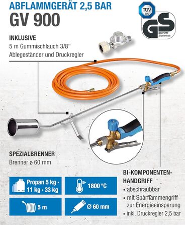Газовий пальник CFH GV 900 з редуктором DR 114 і шлангом, 2,5 бар, для прополювання, видалення бур'янів, робіт з бітумом і плівкою для ставків