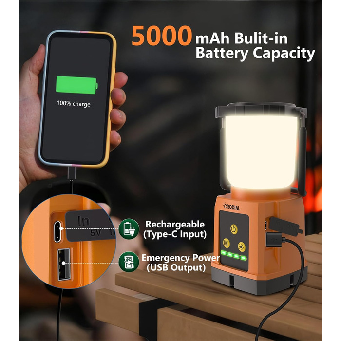 Світлодіодний кемпінговий ліхтар CRODIAL, акумуляторний, 5000 мА·год Power Bank, водонепроникний, для намету, аварійного освітлення, походів, вулиці