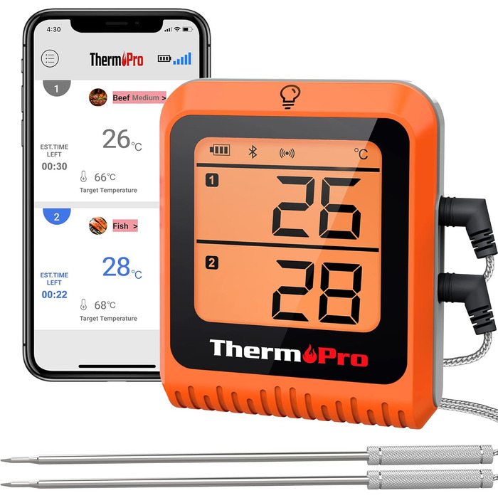 Кухонний термометр ThermoPro TP25H2 з Bluetooth, таймером і сигналом, 150 м – термометр для м'яса, гриля, духовки