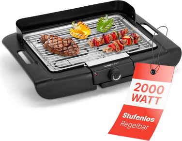 Електричний настільний гриль Clatronic BQ 3507, 2000 Вт, хромована решітка, з вітрозахистом, для балкона та кухні, 35x24 см