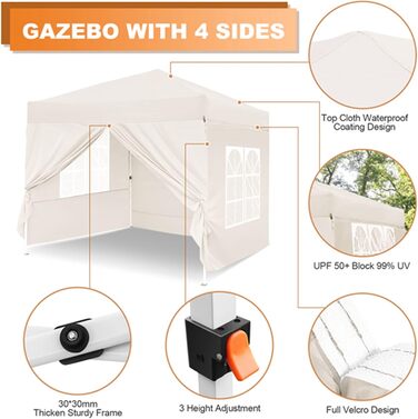 Павільйон Leadyeah складаний 2,5x2,5 м, водонепроникний, з боковинами, важкий, UV 50+, для кемпінгу та вечірок, бежевий
