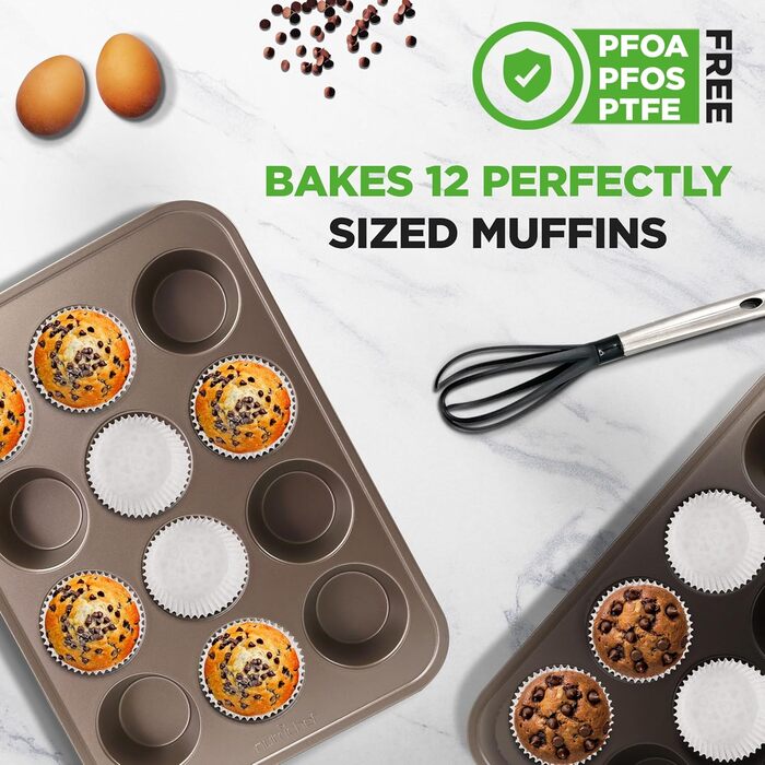 Форма для мафінів NutriChef, антипригарна, 2 шт. по 12 отворів, з вуглецевої сталі, без PTFE, PFOA, PFOS і BPA, підходить для посудомийної машини, з високим бортом