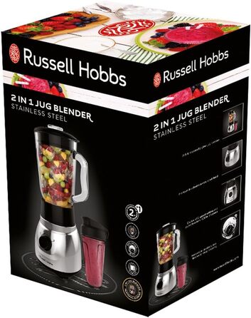 Стаціонарний блендер Russell Hobbs 2-в-1: 1,5 л скляна чаша + 0,6 л пляшка для смузі, нержавіюча сталь, подрібнення льоду, BPA Free, для коктейлів та смузі, модель 23821-56