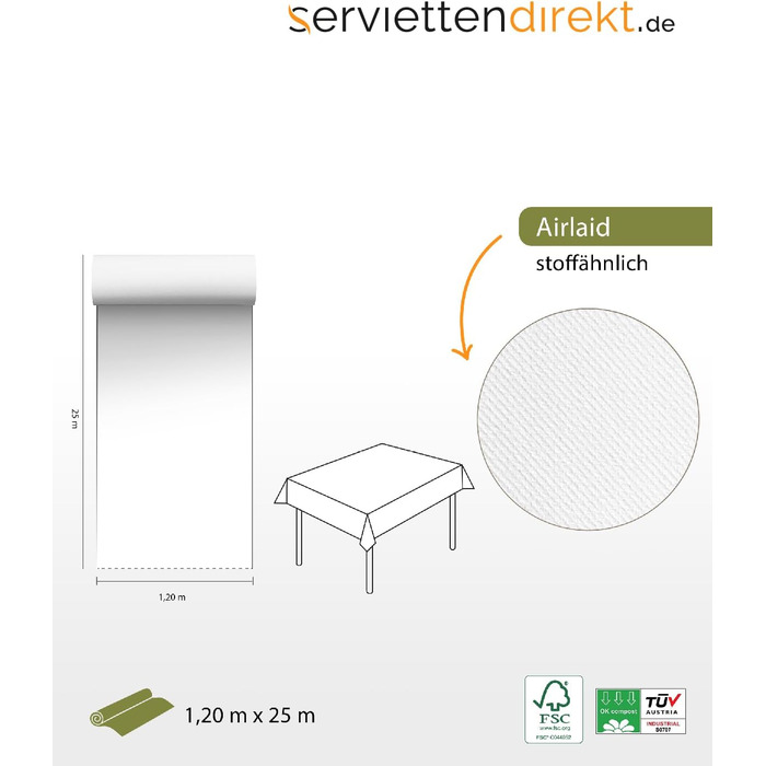 Airlaid скатертина-рулон 118×25 м, біла, для сервірування столу, сервировочна, одноразова, serviettendirekt.de