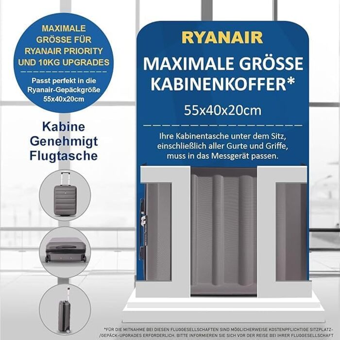 Легкий жорсткий чемодан Aerolite 55x40x20 см для ручної поклажі, сірий, 2 колеса, підходить для Lufthansa, Ryanair, Eurowings, TUI, SunExpress, Condor, кабінний тролейбус