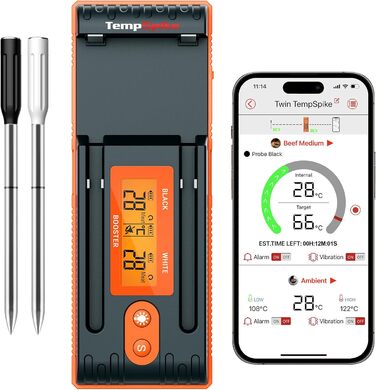 Бездротовий м'ясний термометр ThermoPro Twin TempSpike 150 м Bluetooth із зарядною станцією і дисплеєм для духовки, гриля, шашлика, безпечний для посудомийки