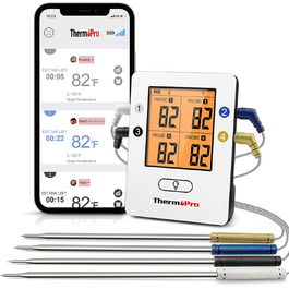 Bluetooth термометр для кухні ThermoPro TP25H2 з таймером, сигналом, 4 зондами, для м'яса, гриля та духовки, 150 м