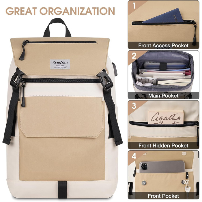 Міський рюкзак YAMTION Rolltop 17 дюймів для ноутбука, універсальний для жінок і чоловіків, підходить для школи, університету, спорту, прогулянок, велосипеду, підлітків, колір кремовий