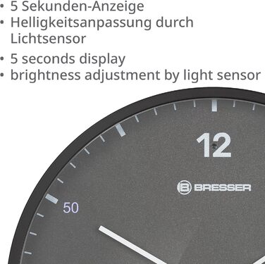 Стінастий годинник Bresser MyTime, 24 см, радіокерований, безшумний, з LED секундною індикацією, вимірюванням температури, сірий
