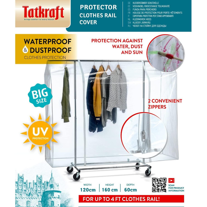Tatkraft BIG Захисний чохол для стійки для одягу, прозорий пластик, екстраширокий, 120 см, з 2 блискавками