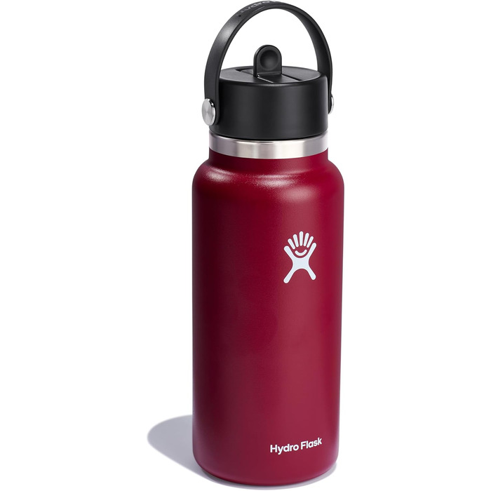 Термобутилка Hydro Flask 946 мл, вакуумна, нержавіюча сталь, з гнучкою кришкою та трубочкою, широка горловина, червона (Berry Red)