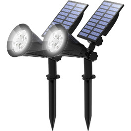 LED садові сонячні прожектори T-SUN, 2 шт, 4 LED, холодне біле світло 6000K, для газону, доріжок, тераси, дві режими освітлення, вуличне безпекове освітлення