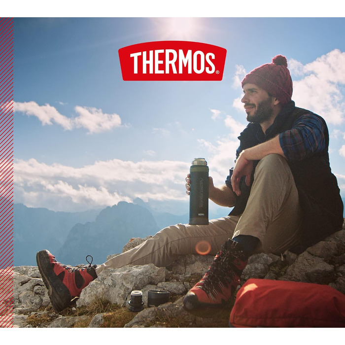 Термос для напоїв Thermos Mountain 0,9 л, чорний, з нержавіючої сталі з чашкою, зберігає тепло/холод 24 год, легкий, для туризму, розбірна кришка, BPA-free