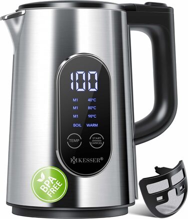 Електрочайник KESSER 1.7 л нерж. сталь, LED-дисплей, 2200 Вт, 4 режими температури, підтримка тепла, фільтр від накипу, BPA-Free, сріблястий