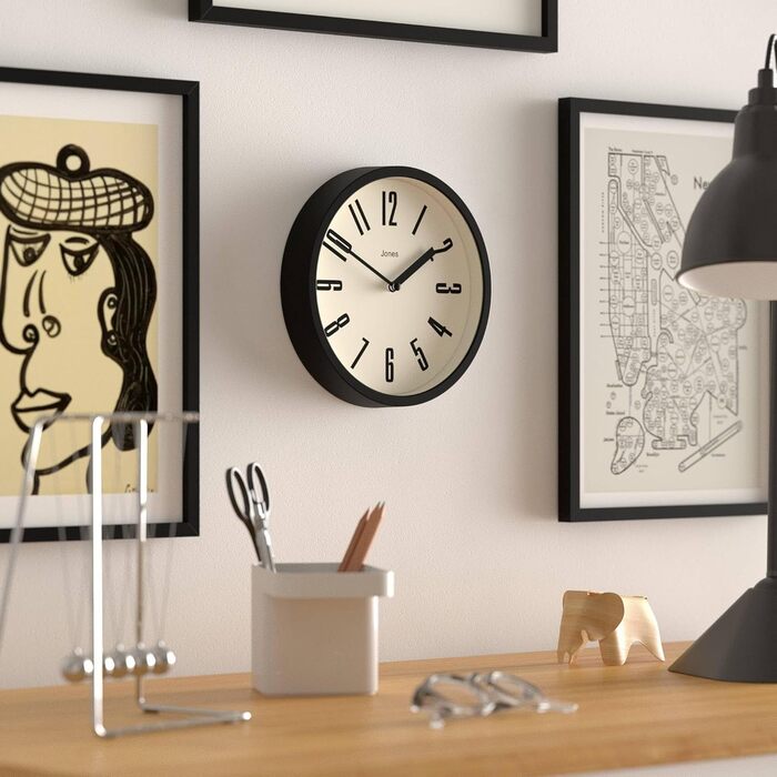 Годинник JONES CLOCKS для ванної та кухні, настінний, ретро, круглий, 20 см, чорний, легкі для читання цифри, ідеальний для кухні, офісу, дитячої кімнати або невеликих приміщень