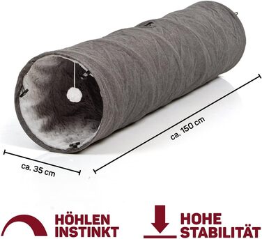 Ігровий тунель для котів CanadianCat XXL, плюшевий, сірий, 35x150 см, з іграшкою